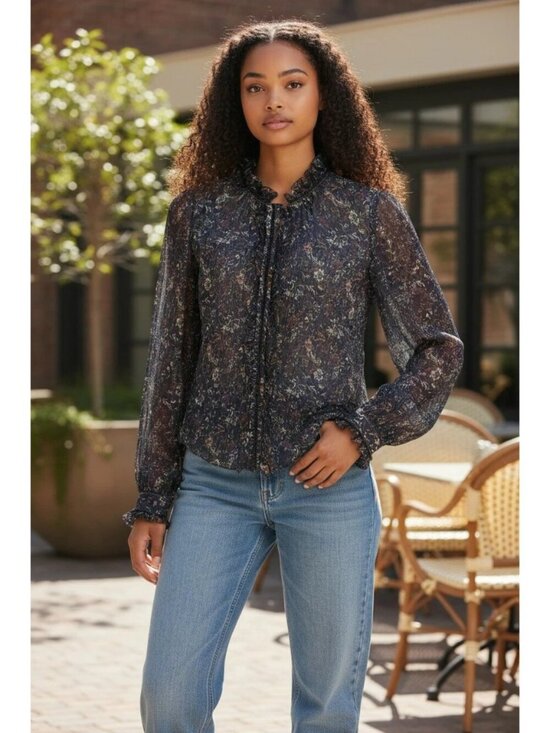 Elie Tahari Tops - Elie Tahari Floral Sheer Silk Blouse With Ruffle Collar & Cuff Navy/Orange XSmal
